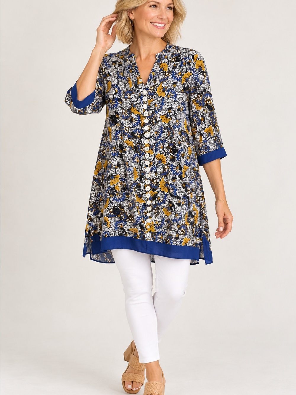 22. Liza Byrd Navy and Mustard Floral Button-Front Midi Tunic